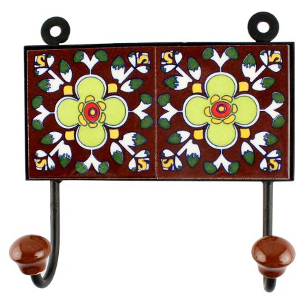Dark Brown Ceramic Floral Tile Wall Hook